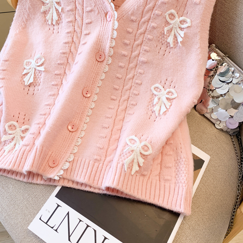 Bow sweet cardigan show young knitted sweater