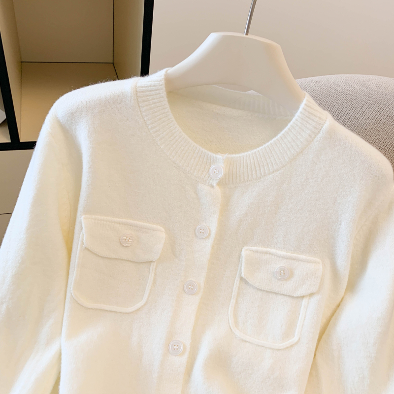 Loose round neck wool coat simple autumn pocket cardigan