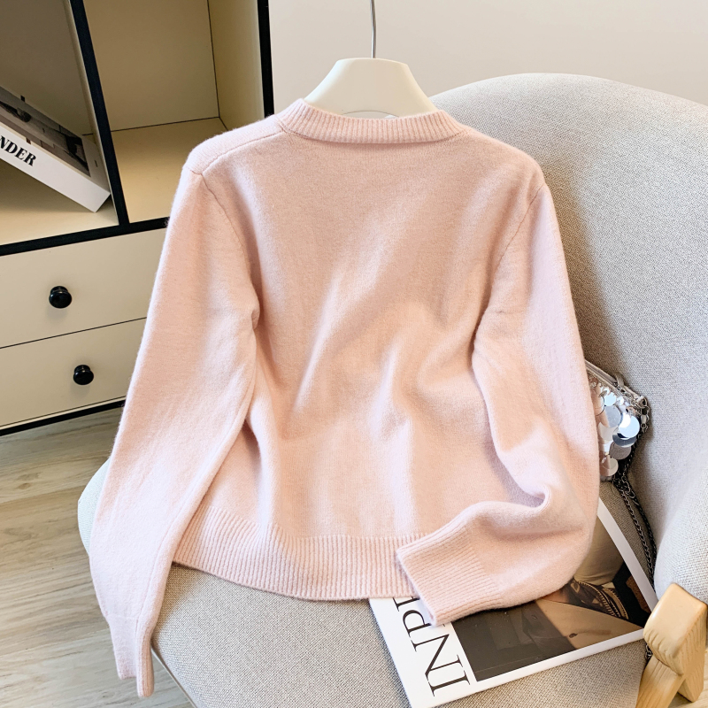 Loose round neck wool coat simple autumn pocket cardigan