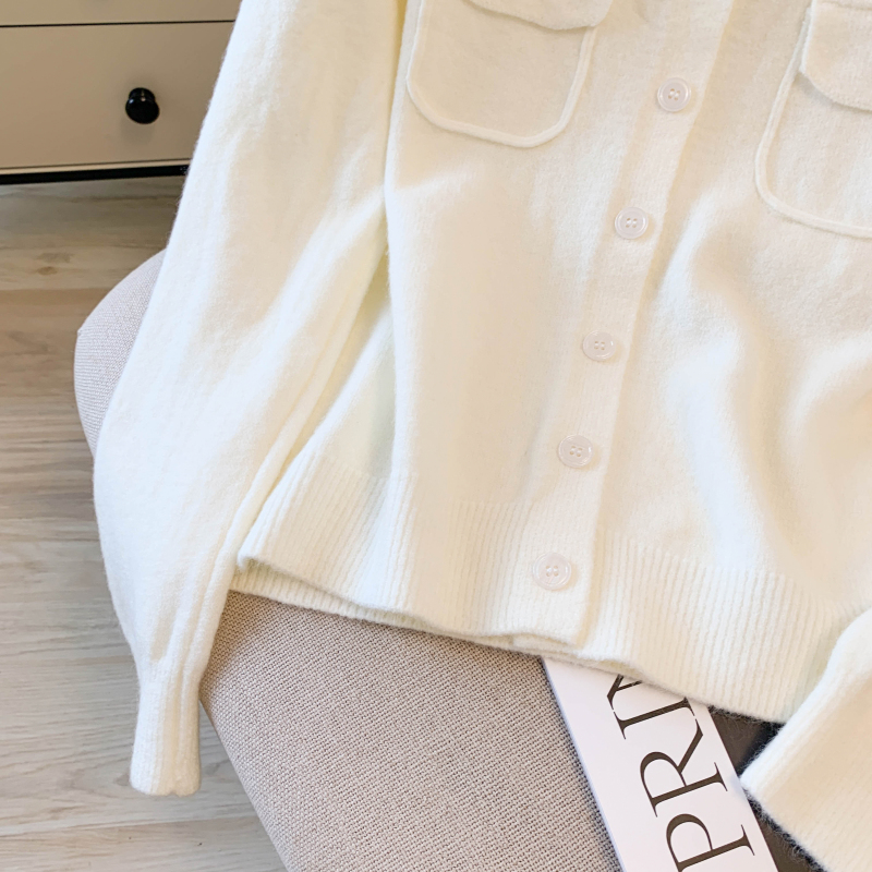 Loose round neck wool coat simple autumn pocket cardigan