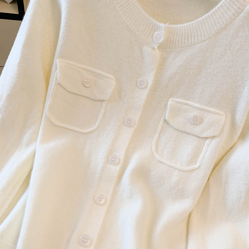 Loose round neck wool coat simple autumn pocket cardigan