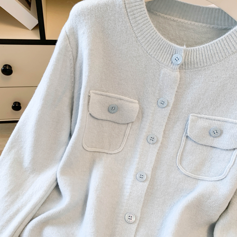 Loose round neck wool coat simple autumn pocket cardigan