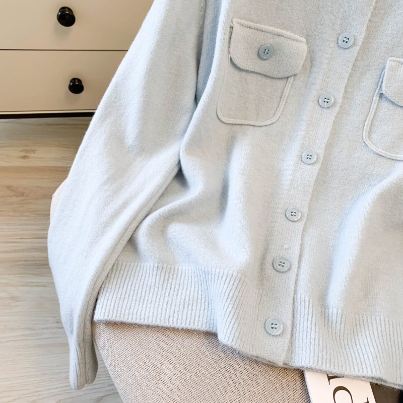 Loose round neck wool coat simple autumn pocket cardigan