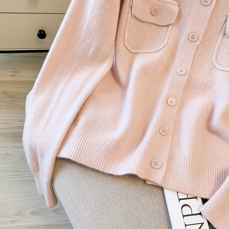 Loose round neck wool coat simple autumn pocket cardigan