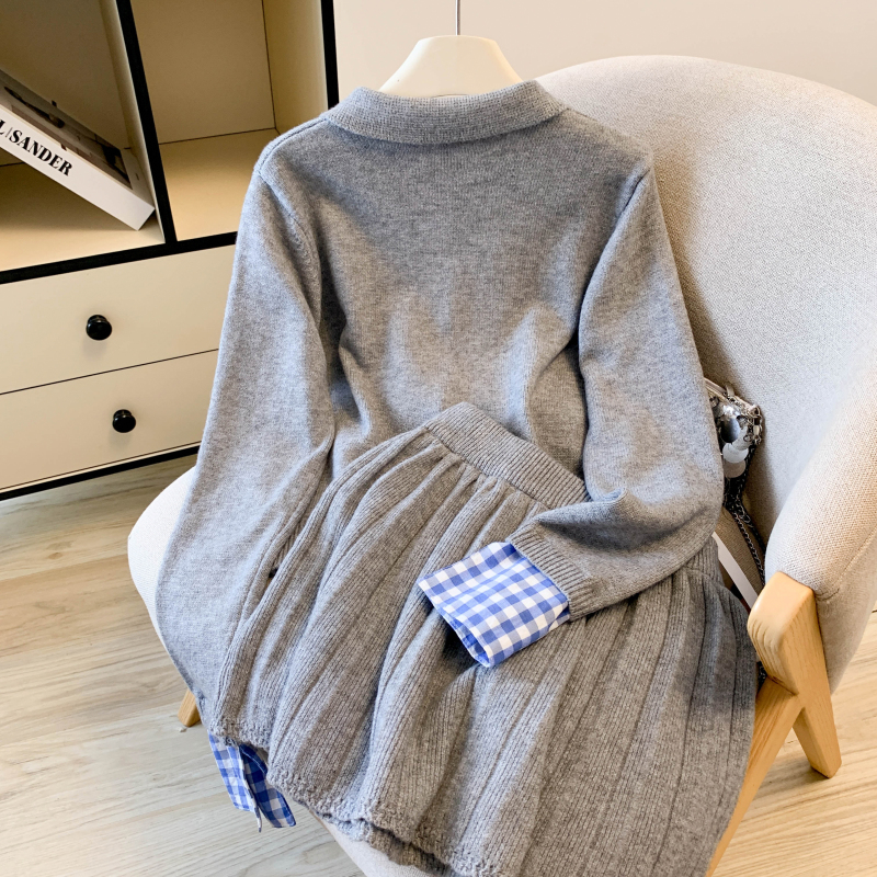 Knitted college style skirt temperament cardigan a set