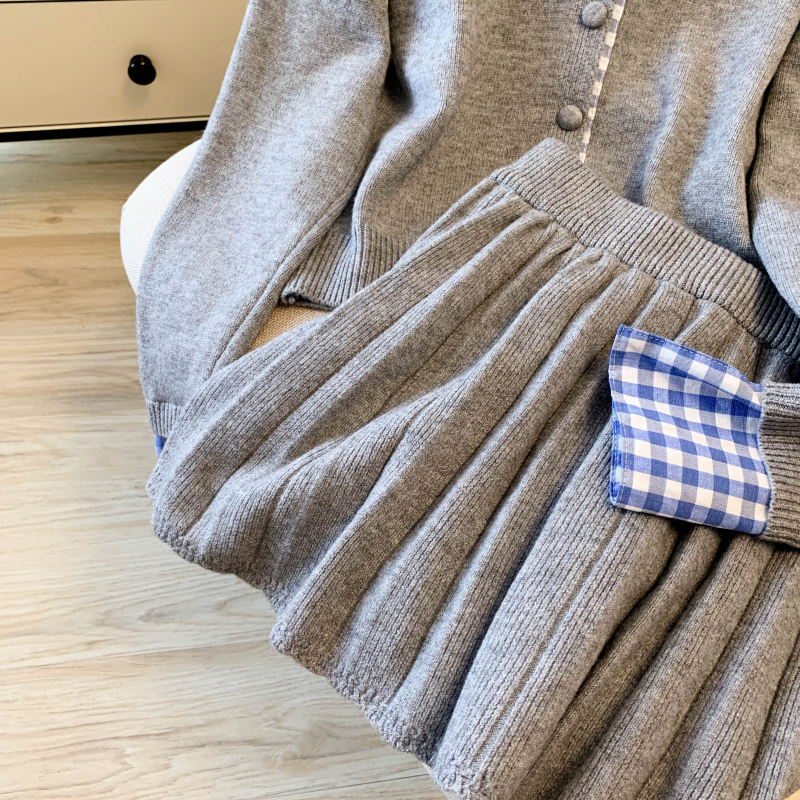 Knitted college style skirt temperament cardigan a set