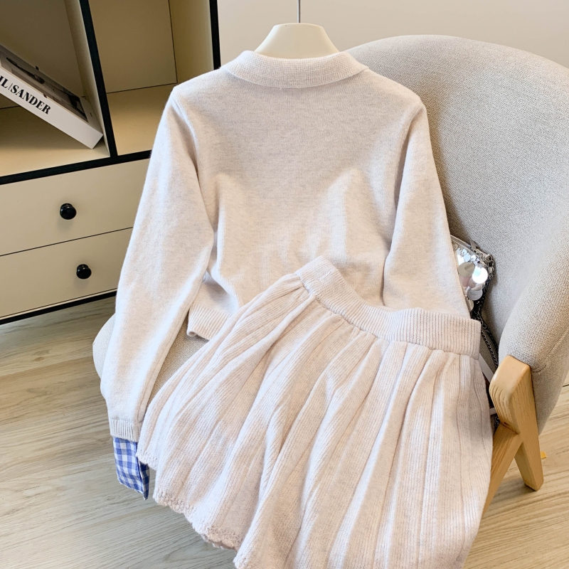 Knitted college style skirt temperament cardigan a set