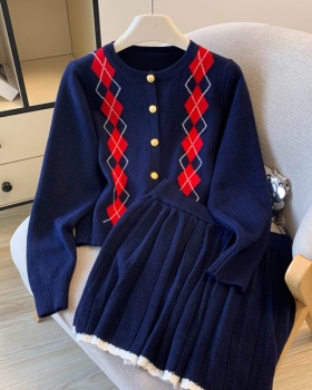 Pleated knitted cardigan diamond retro coat 2pcs set