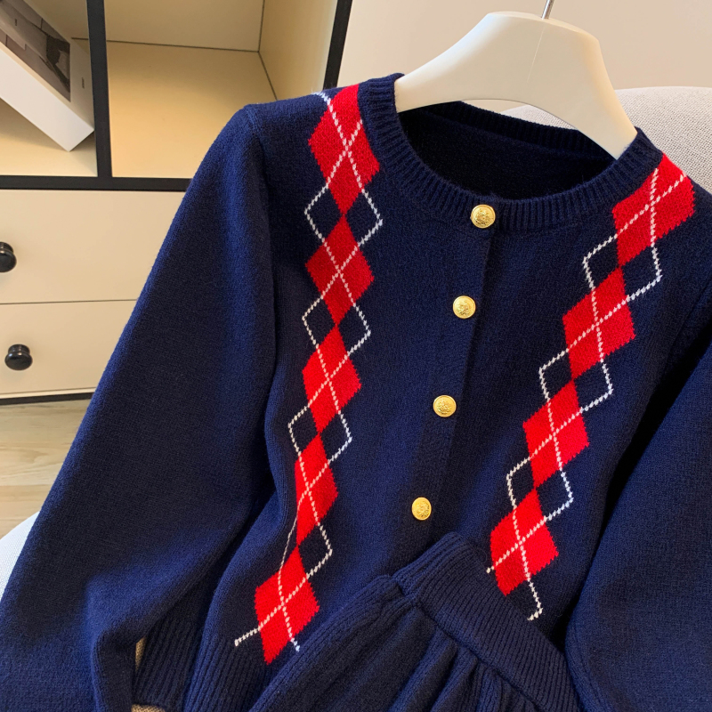Pleated knitted cardigan diamond retro coat 2pcs set