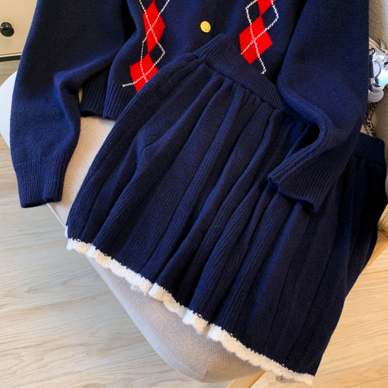 Pleated knitted cardigan diamond retro coat 2pcs set