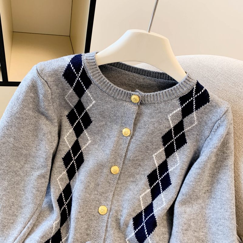 Pleated knitted cardigan diamond retro coat 2pcs set