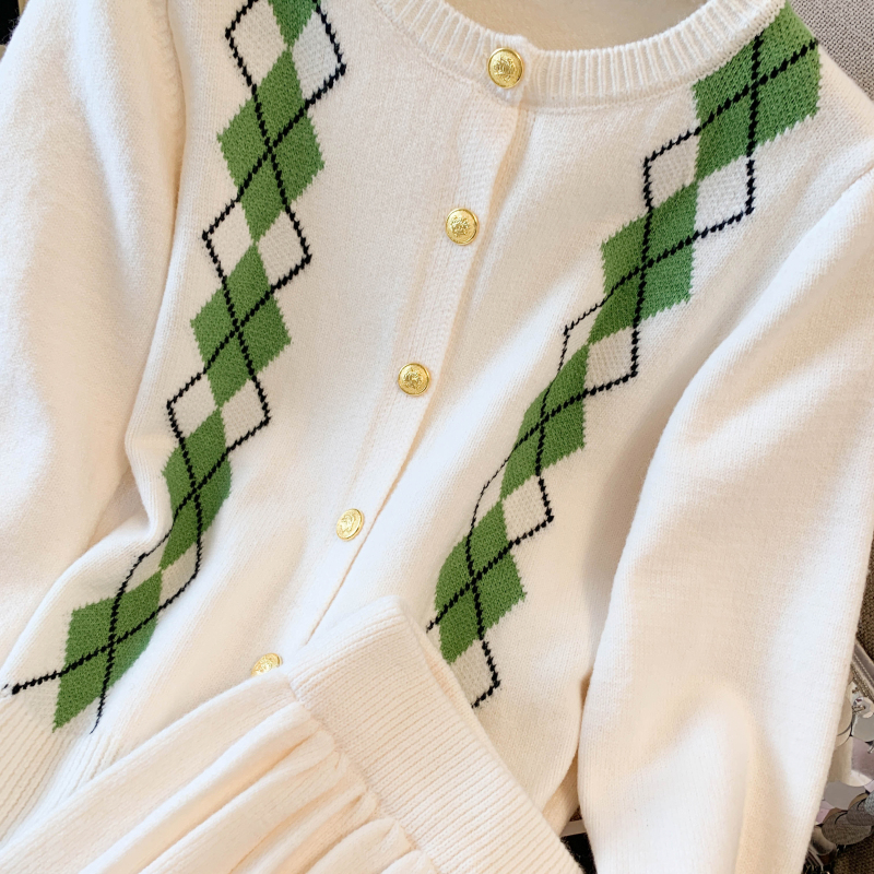 Pleated knitted cardigan diamond retro coat 2pcs set