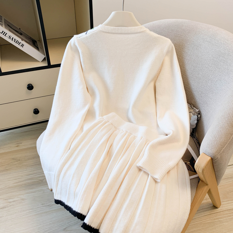 Pleated knitted cardigan diamond retro coat 2pcs set