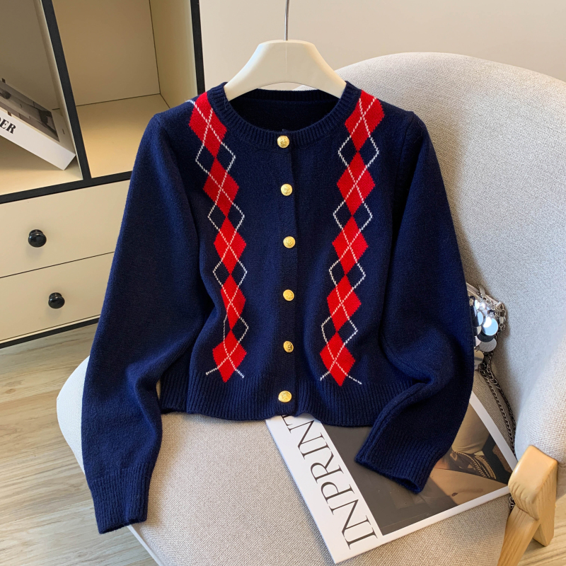 Pleated knitted cardigan diamond retro coat 2pcs set
