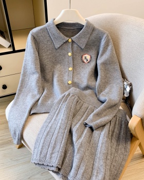 A-line high waist pleated skirt lapel knitted cardigan