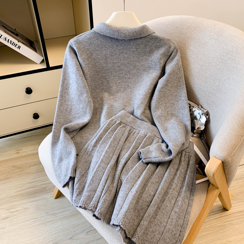 A-line high waist pleated skirt lapel knitted cardigan