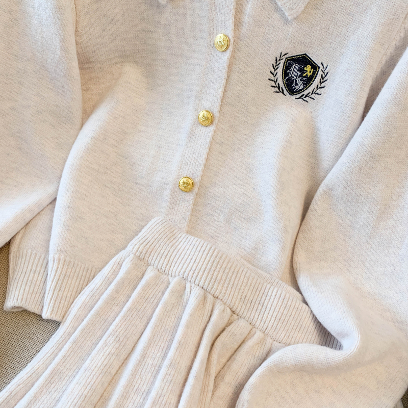 A-line high waist pleated skirt lapel knitted cardigan