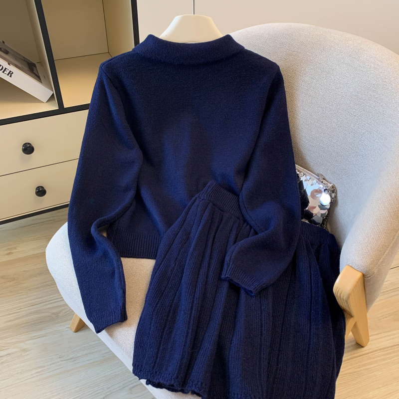 A-line high waist pleated skirt lapel knitted cardigan