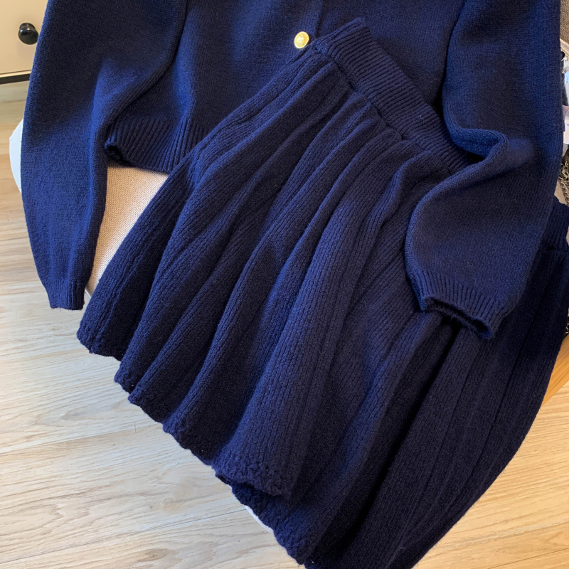 A-line high waist pleated skirt lapel knitted cardigan