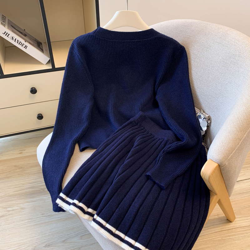 Knitted pleated uniform embroidery short skirt 2pcs set