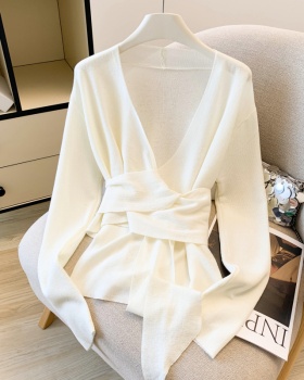 V-neck niche sweater bandage pinched waist tops for women