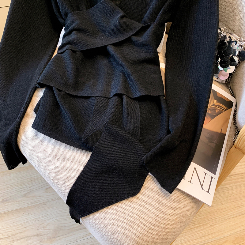 V-neck niche sweater bandage pinched waist tops for women