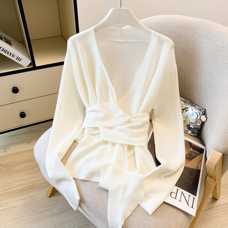 V-neck niche sweater bandage pinched waist tops for women