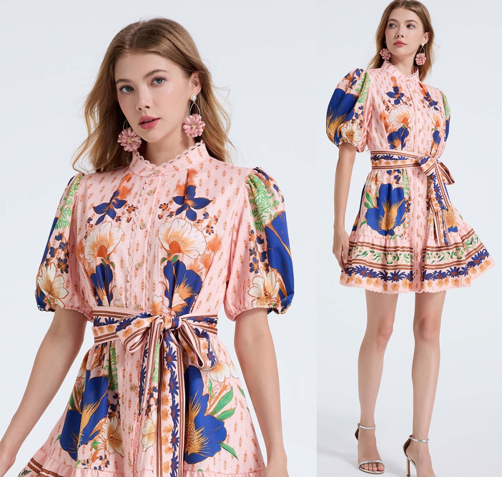 With belt lace pink single-breasted puff sleeve dress