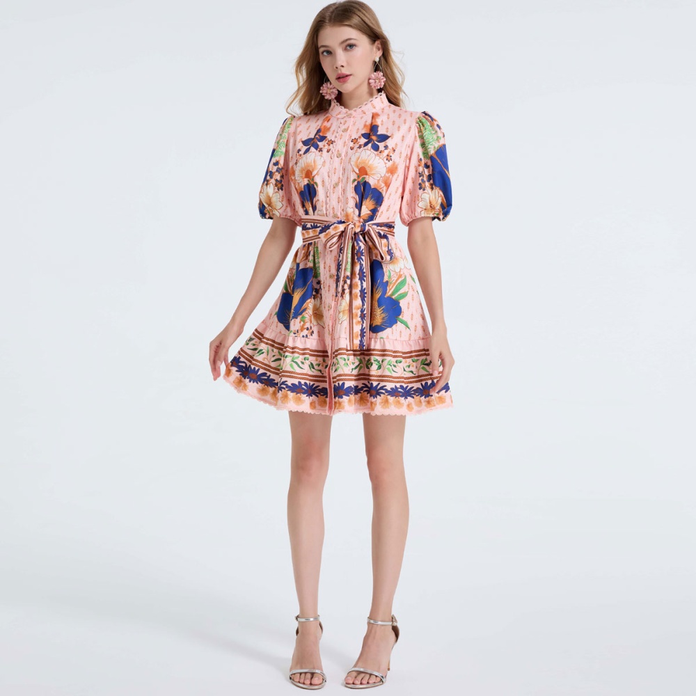 With belt lace pink single-breasted puff sleeve dress