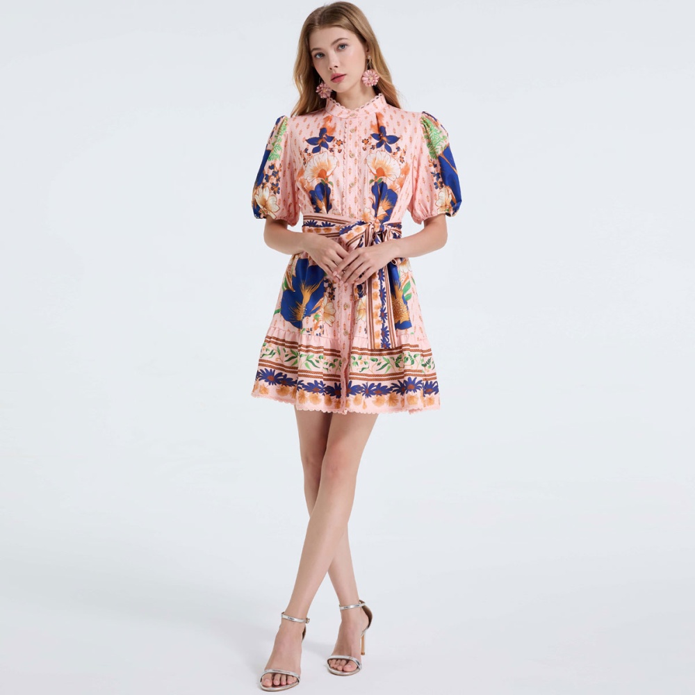 With belt lace pink single-breasted puff sleeve dress
