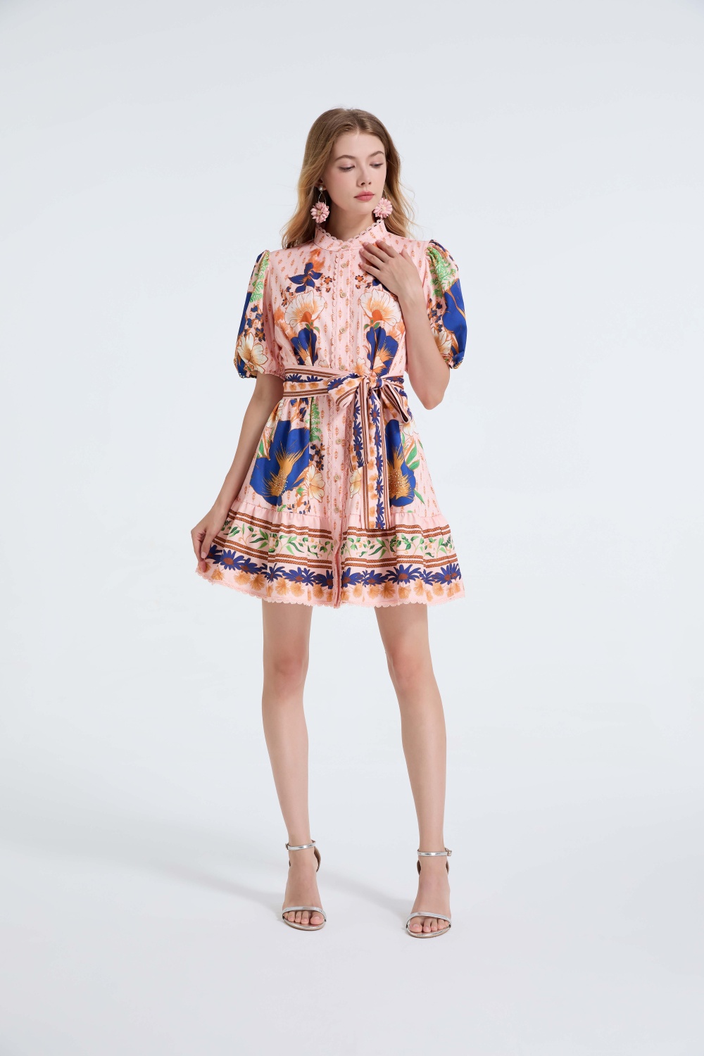 With belt lace pink single-breasted puff sleeve dress