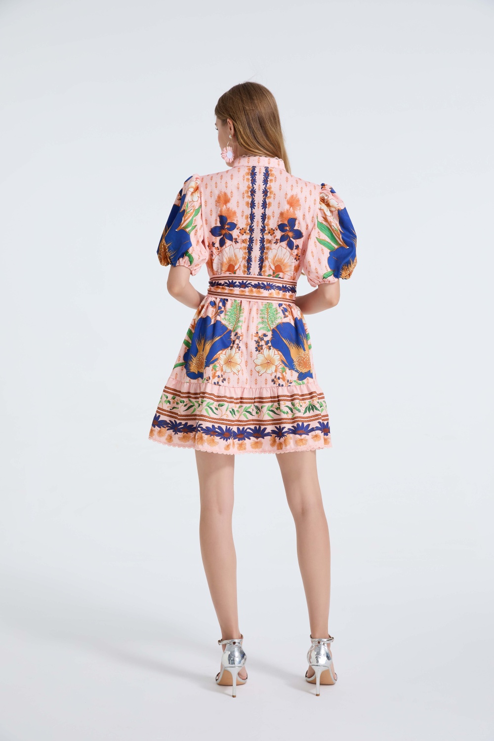 With belt lace pink single-breasted puff sleeve dress