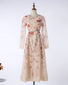 Vacation real silk printing rhinestone dress