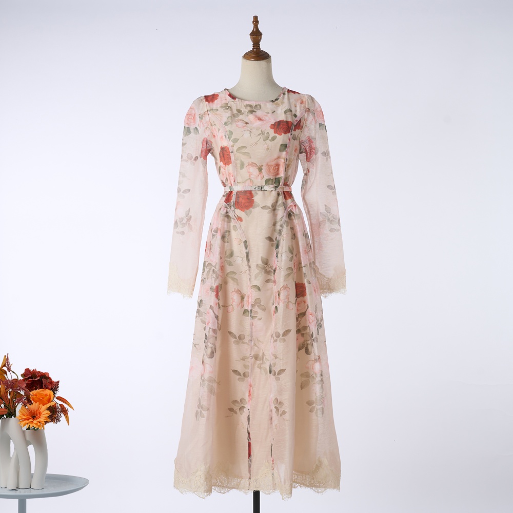Vacation real silk printing rhinestone dress
