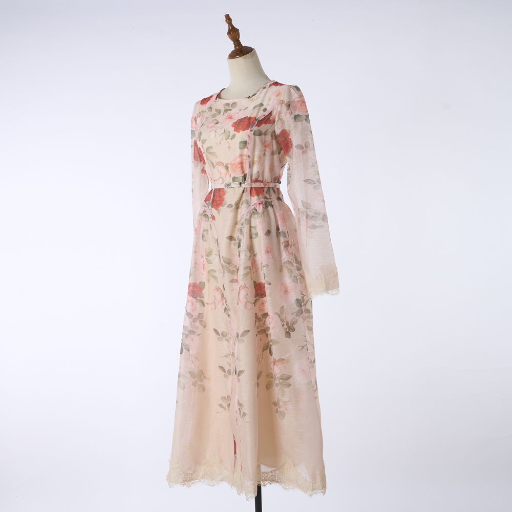 Vacation real silk printing rhinestone dress
