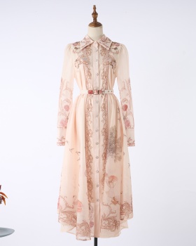 Single-breasted elegant belt long sleeve ladies dress