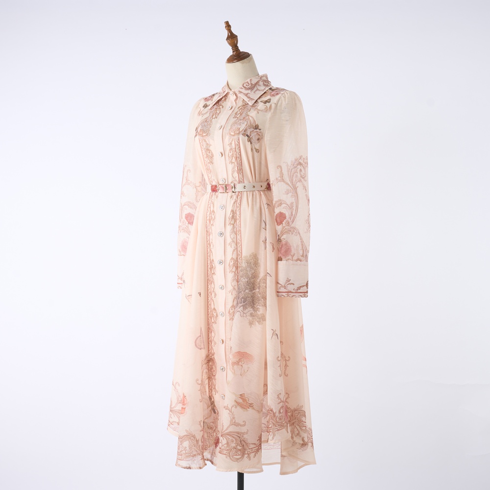 Single-breasted elegant belt long sleeve ladies dress