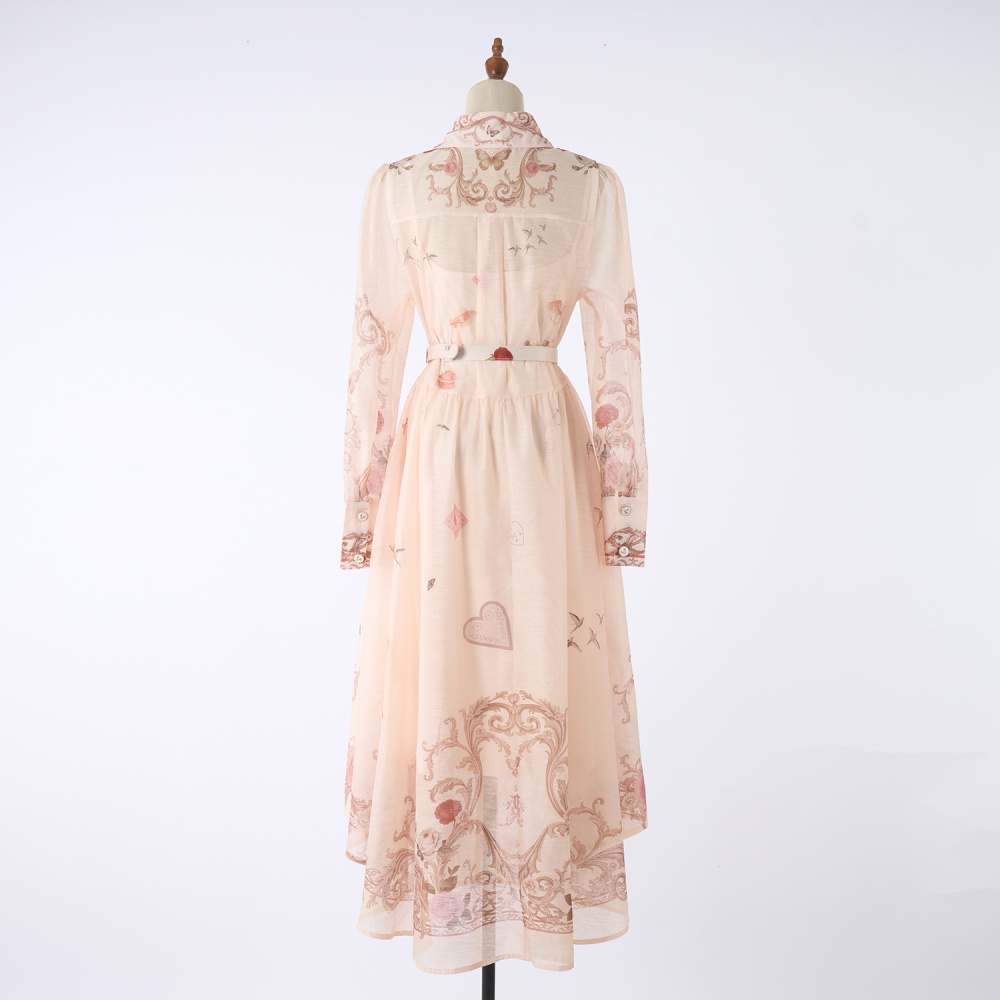 Single-breasted elegant belt long sleeve ladies dress