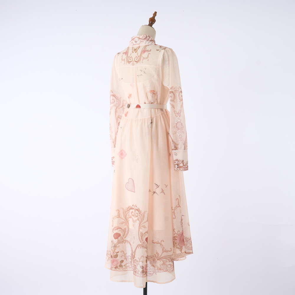 Single-breasted elegant belt long sleeve ladies dress