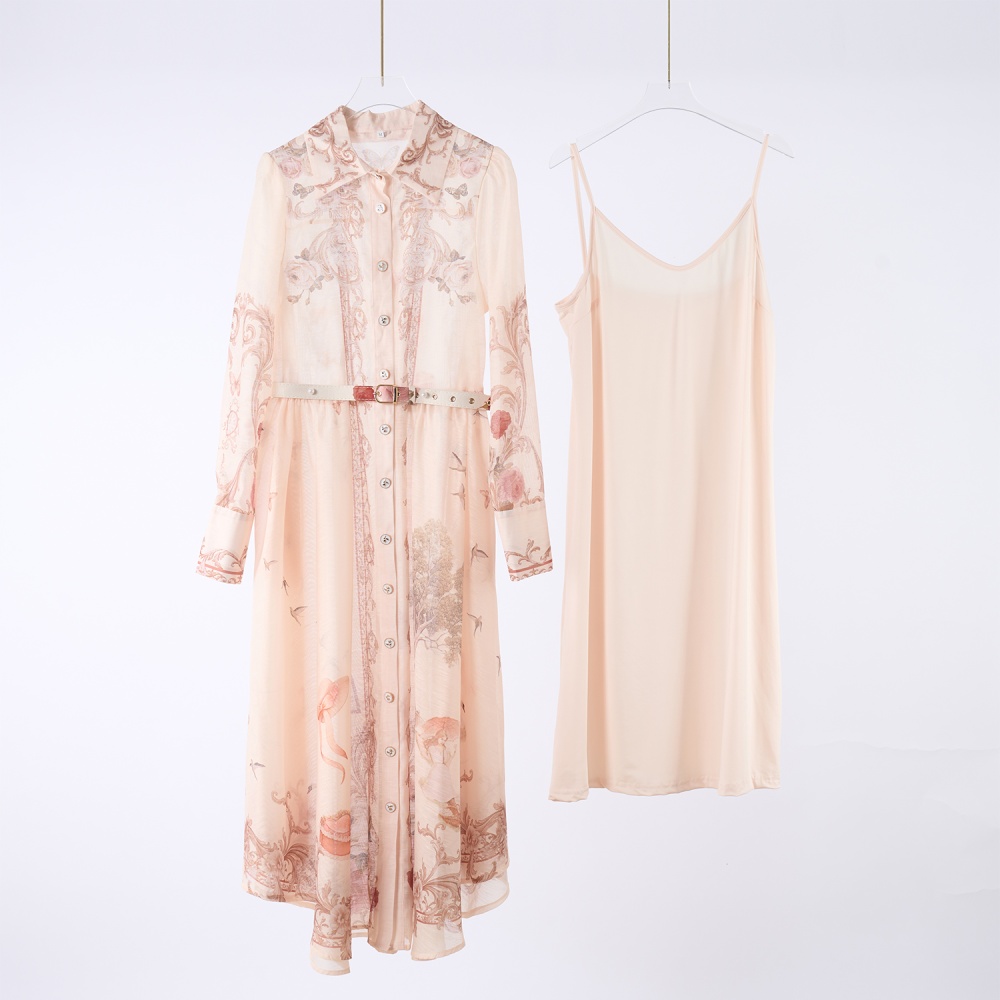 Single-breasted elegant belt long sleeve ladies dress