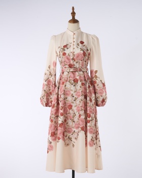 Long sleeve elegant belt printing refinement long dress