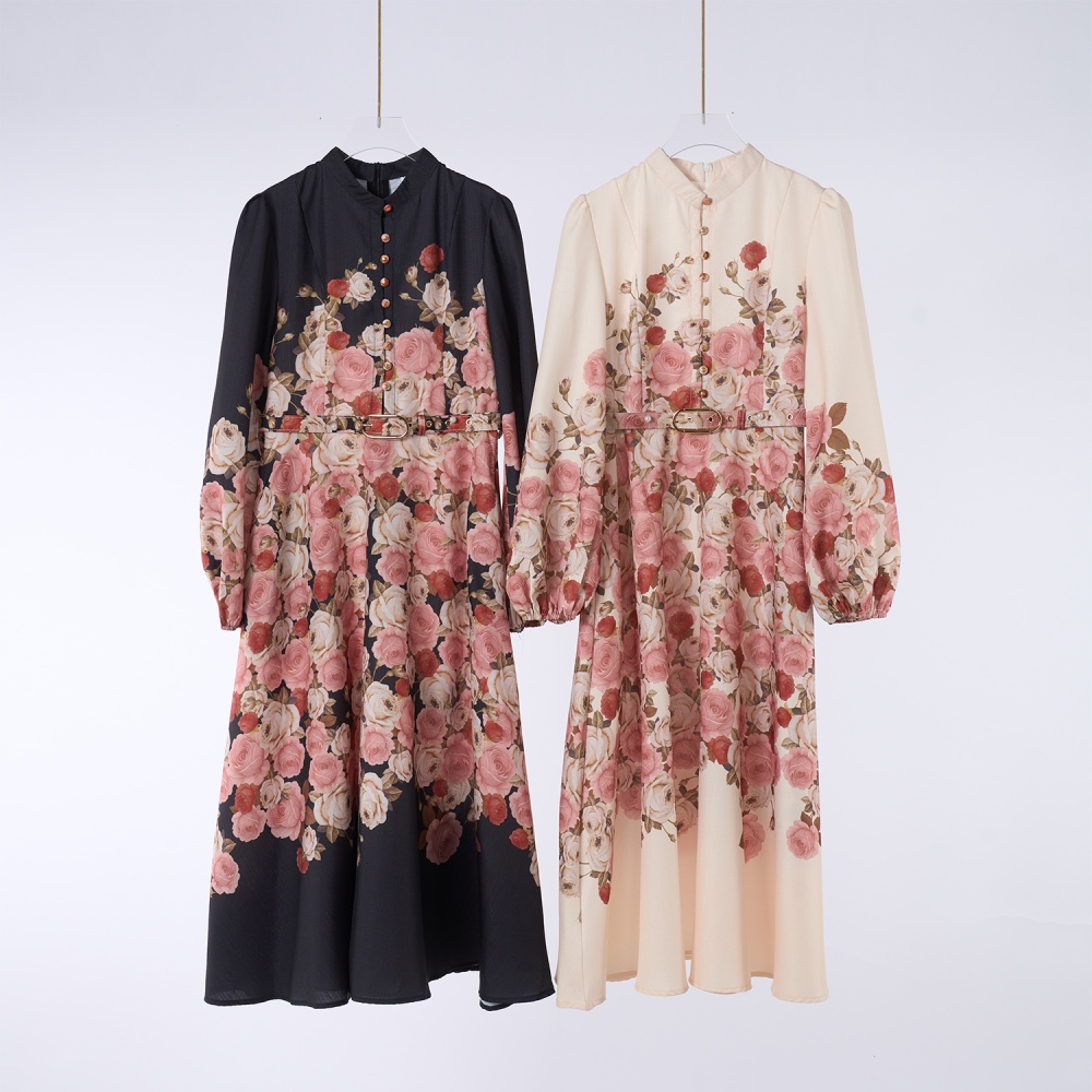 Long sleeve elegant belt printing refinement long dress