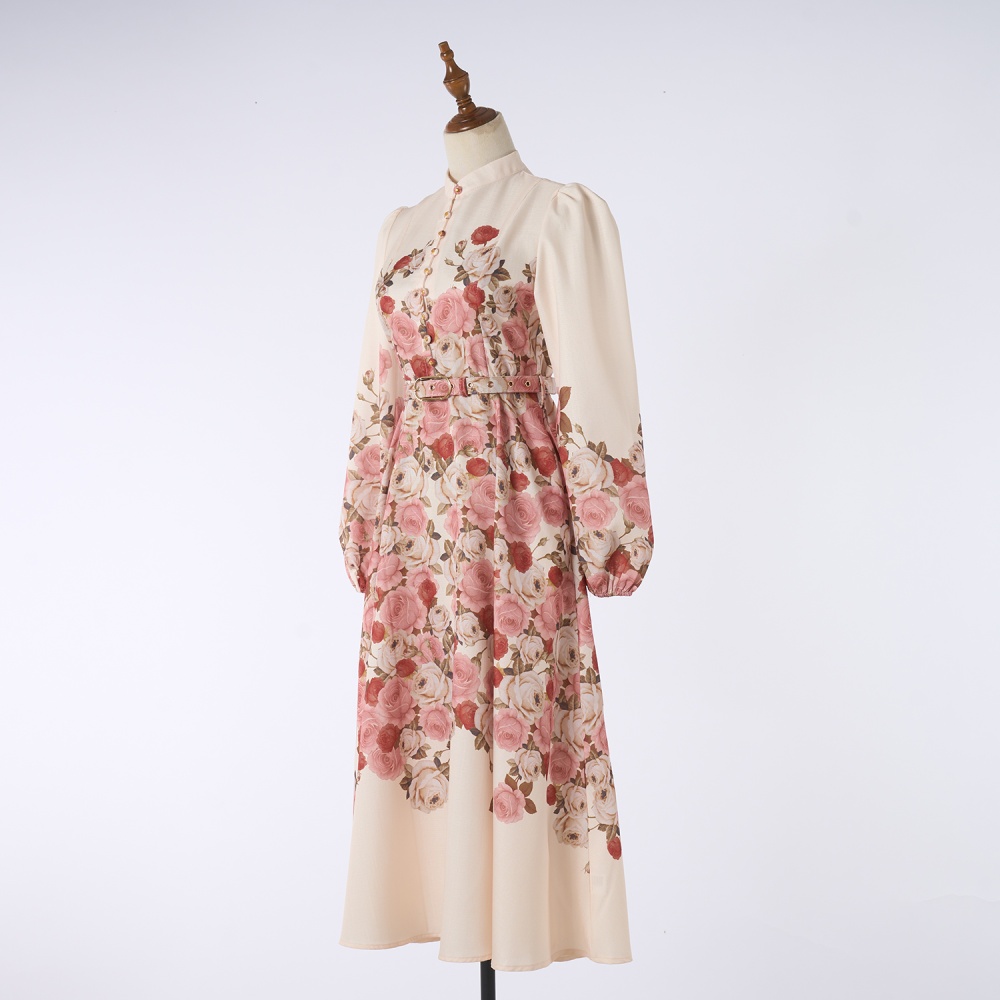 Long sleeve elegant belt printing refinement long dress