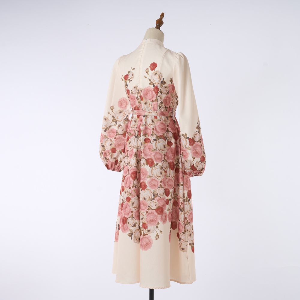 Long sleeve elegant belt printing refinement long dress