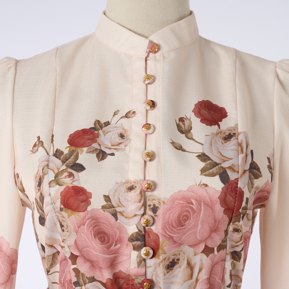Long sleeve elegant belt printing refinement long dress
