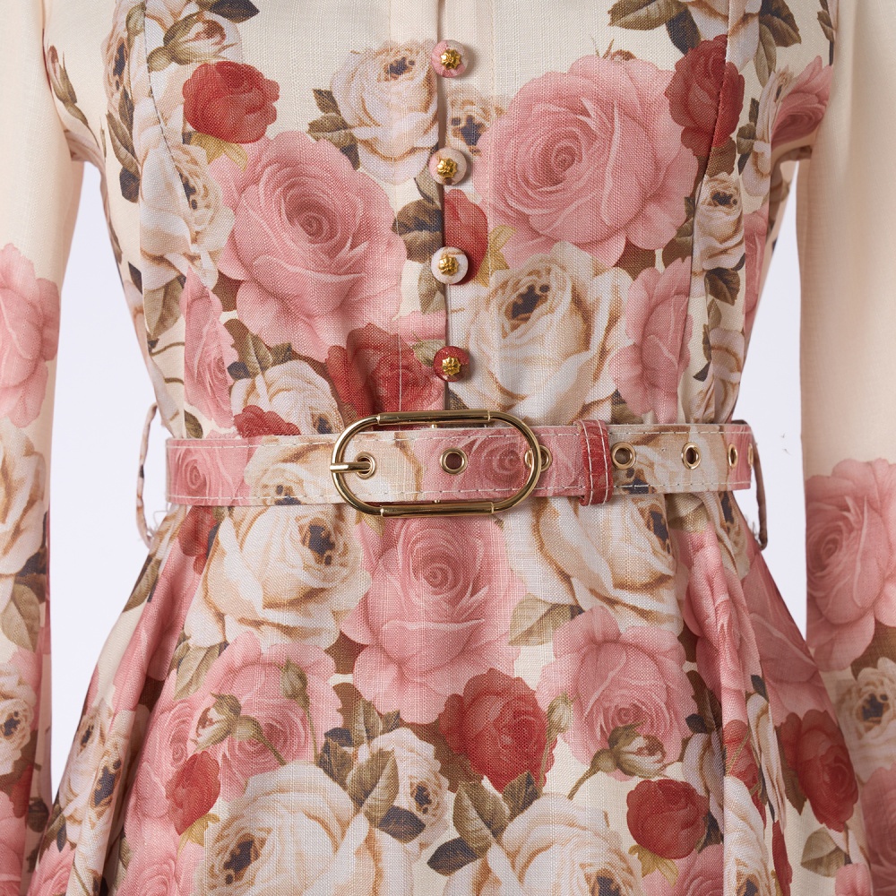Long sleeve elegant belt printing refinement long dress