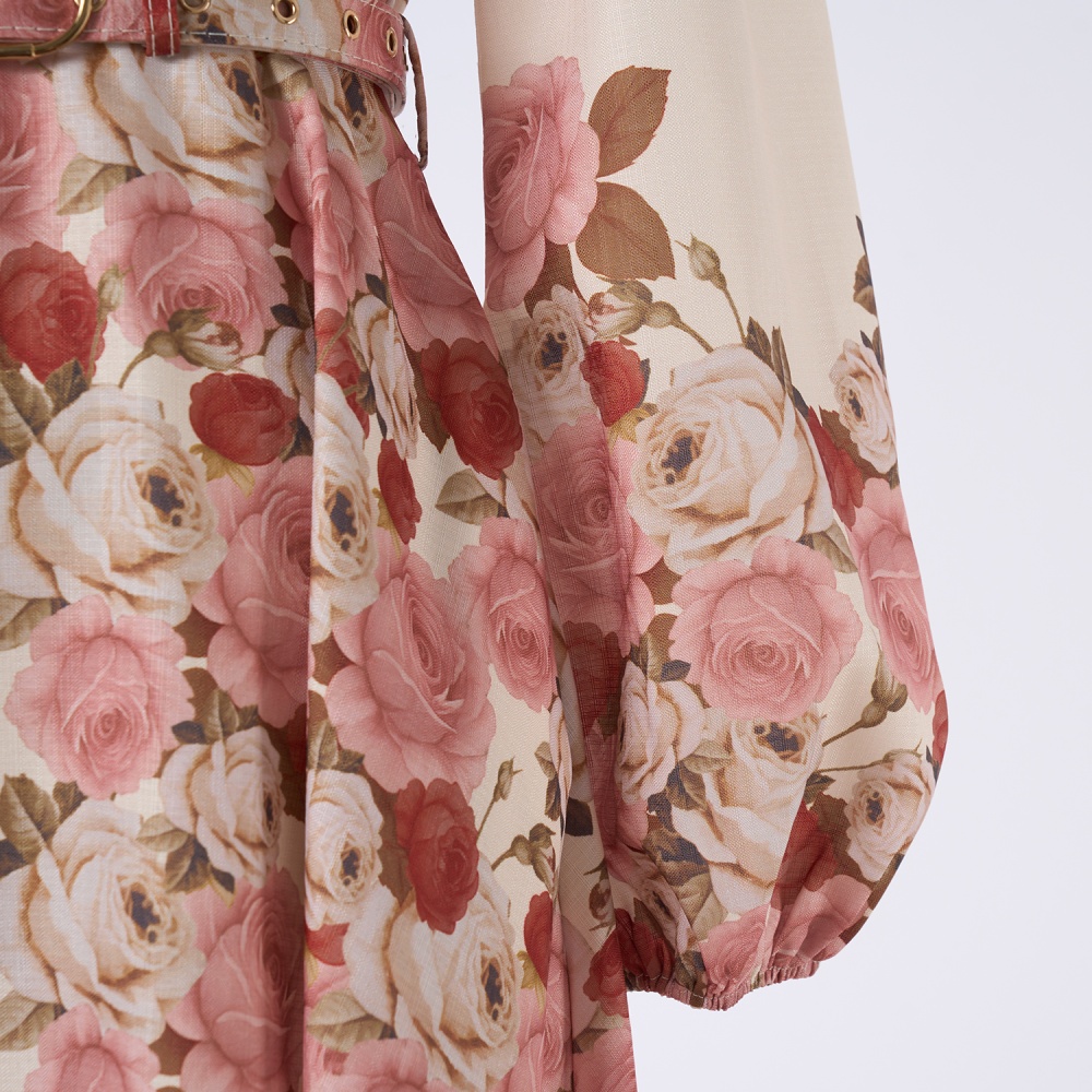 Long sleeve elegant belt printing refinement long dress