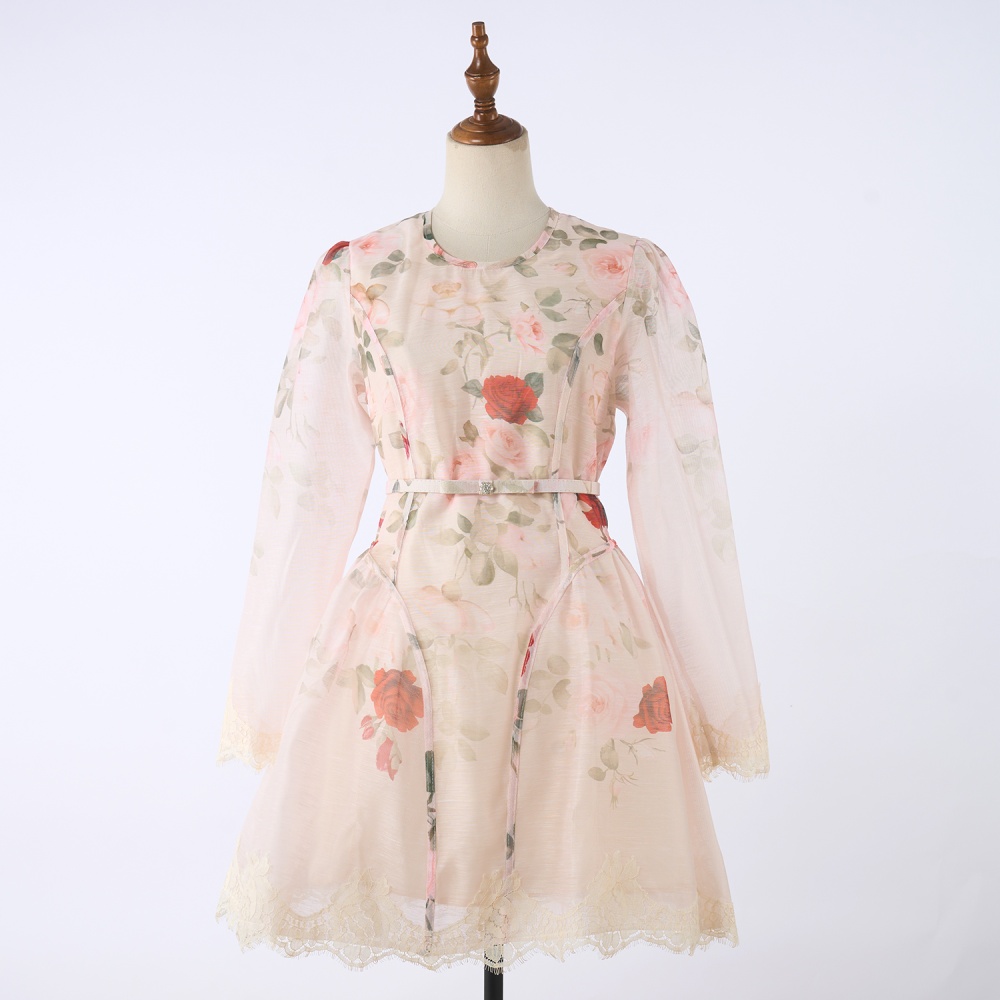 Niche silk pinched waist flax printing dress