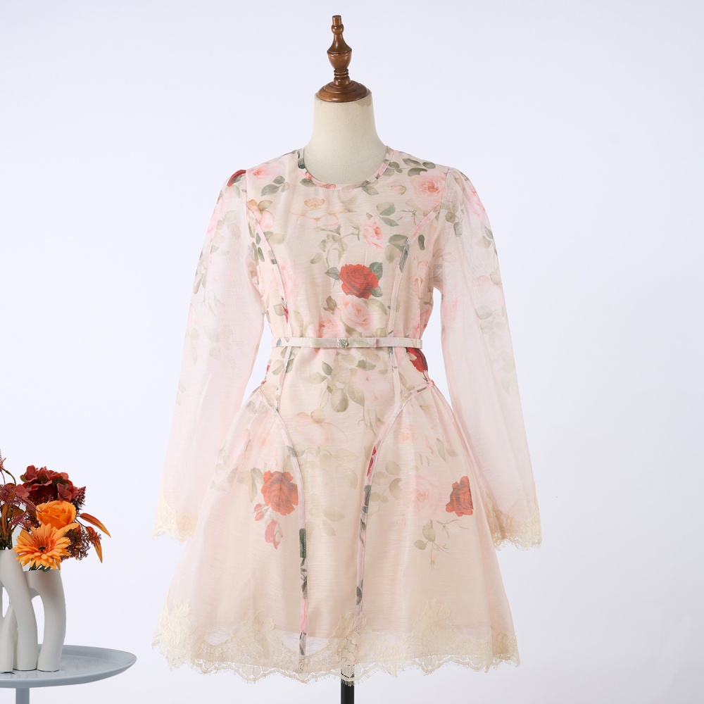 Niche silk pinched waist flax printing dress