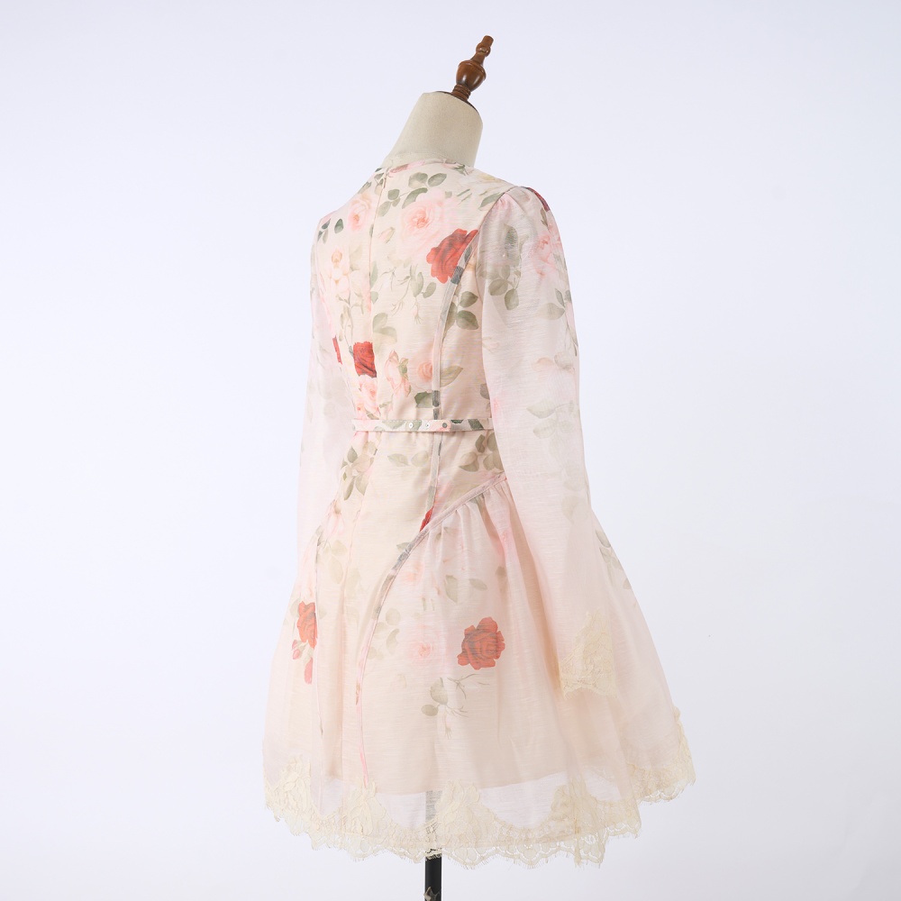 Niche silk pinched waist flax printing dress